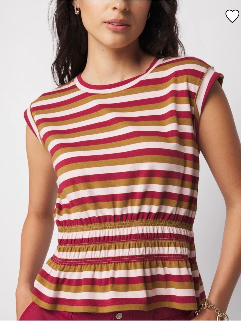 White House Black Market Striped Crewneck Top in Burgundy, Olive & Cream
